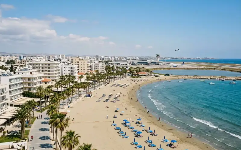 Larnaka witaj! Lotnisko na Cyprze, z widokiem na miejskie plaże i pobliski hotel – idealne na pierwszy raz
